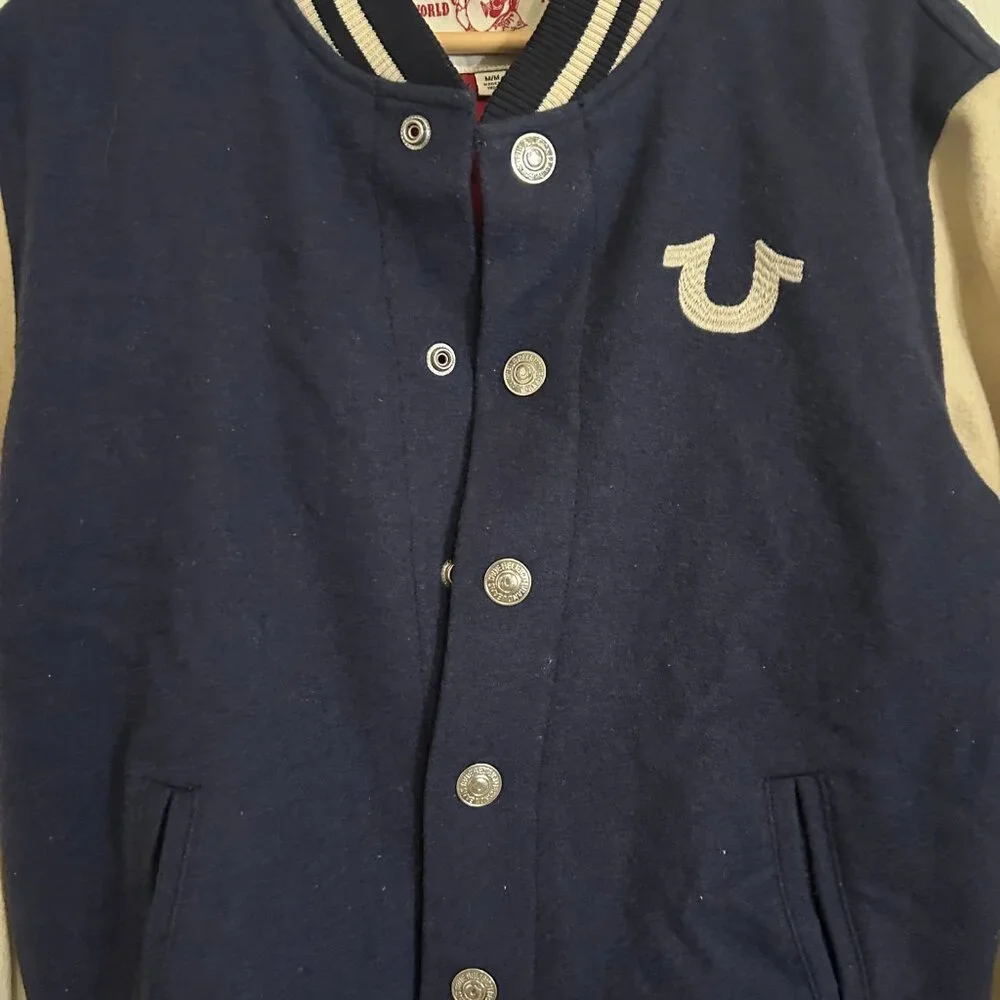 True Religion Varsity Letterman Jacket Wool Blend Snap Front Y2K Streetwear - Picture 7 of 12